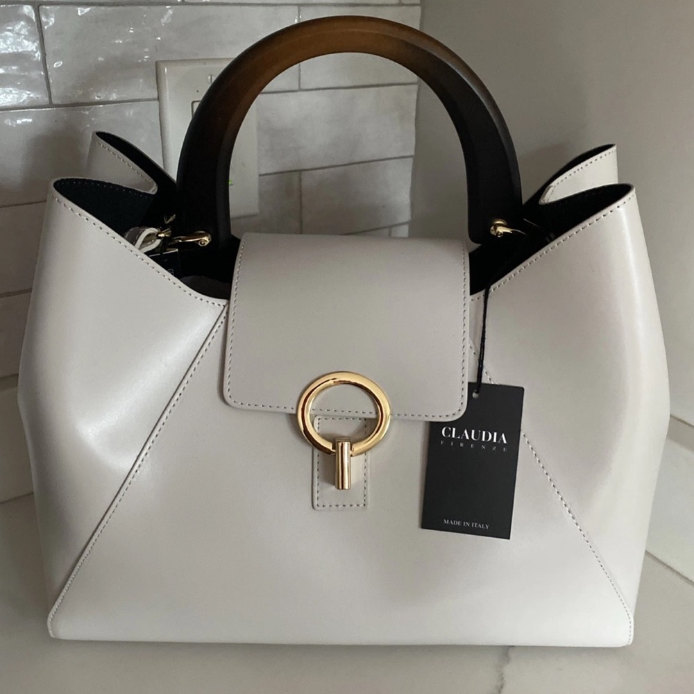 🆕 Claudia Firenze Isadora 🇮🇹 Handbag Wooden Handle Cream Italian Leather Satchel